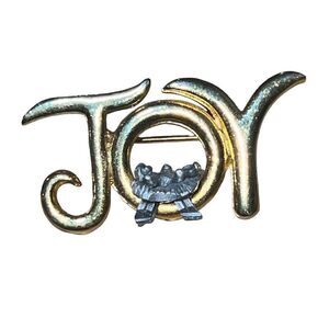 Vintage Joy Holiday Christmas Baby Jesus In Manger Gold Tone Pewter Brooch
